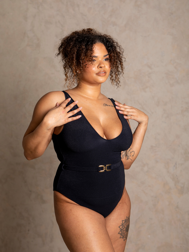 SWIM SOCIETY | CATHERINE BLACK TOWELLING SWIMSUIT | SUSTAINABLE SWIMWEAR | GOLD BUCKLE | IMAGE 1